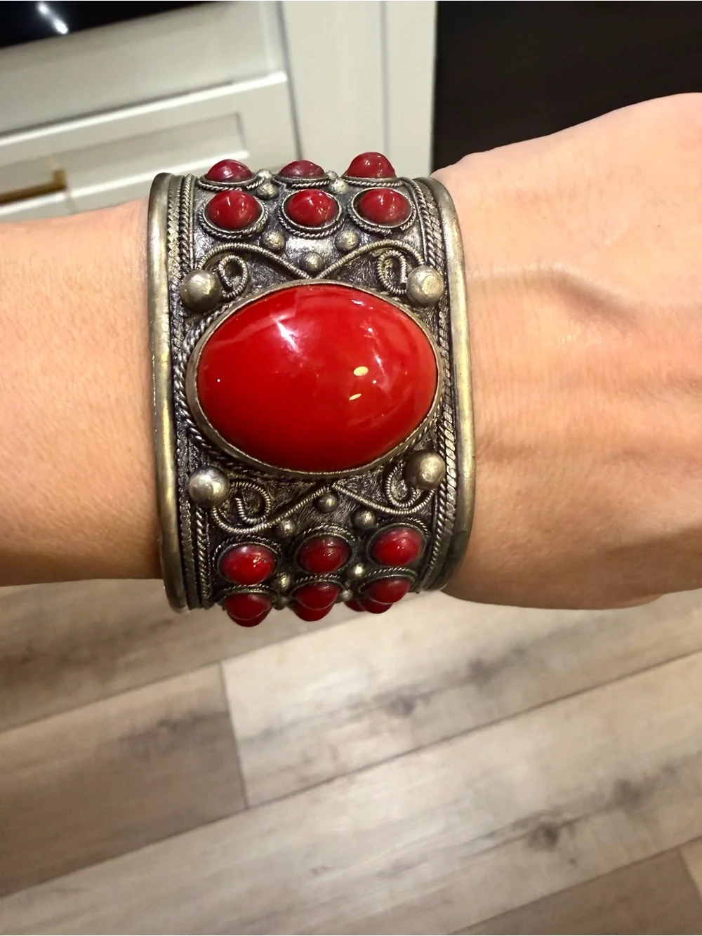 Vintage Ornate Alpaca Statement Cuff Bracelet Red Cabochon Stones